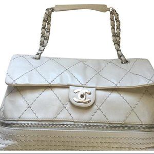 Chanel Classic Ivory Flap Leather with Zip Bottom